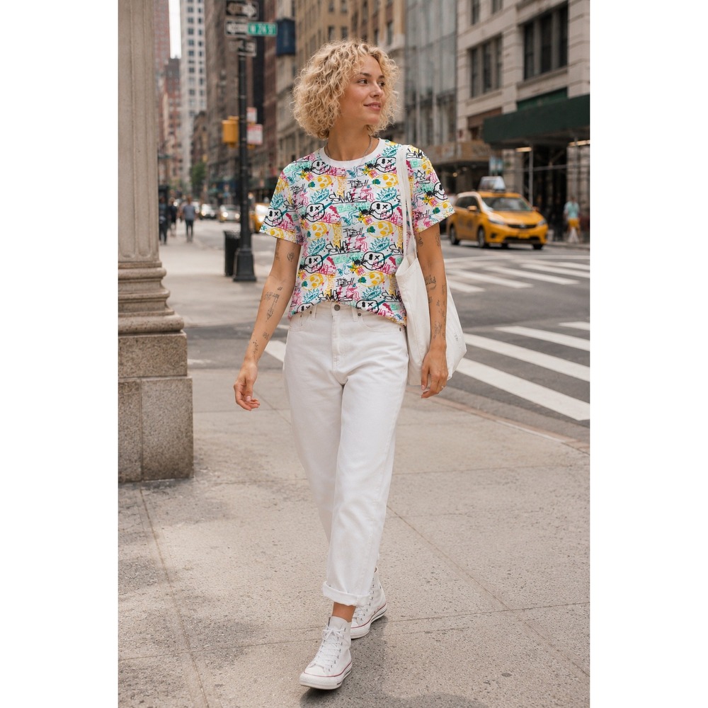 WXYZ MFG CO Womens Graffiti Graphic T-Shirt White Multi Color Skulls Savage M